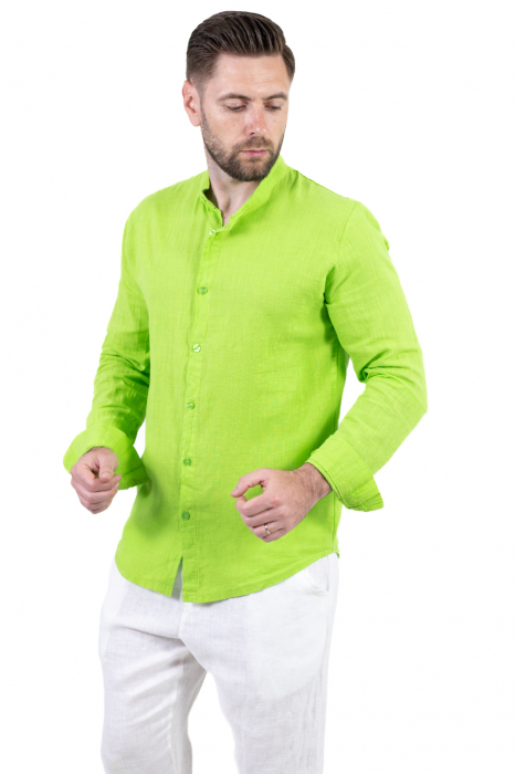 Cămașă verde măr 100% din in cu guler tunică [6]