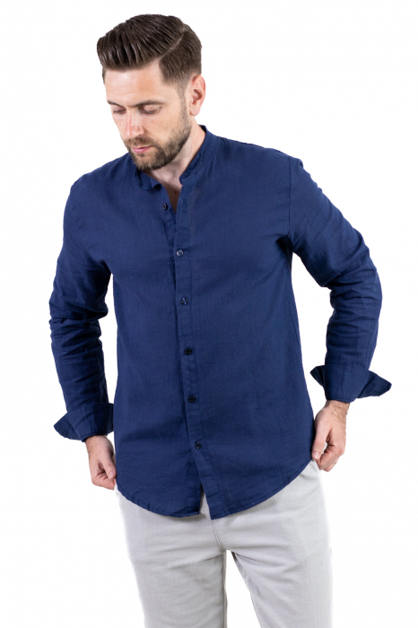 Cămașă bleumarin 100% din in cu guler tunică [8]