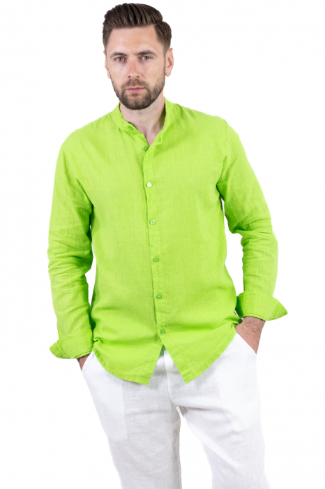 Cămașă verde măr 100% din in cu guler tunică [4]