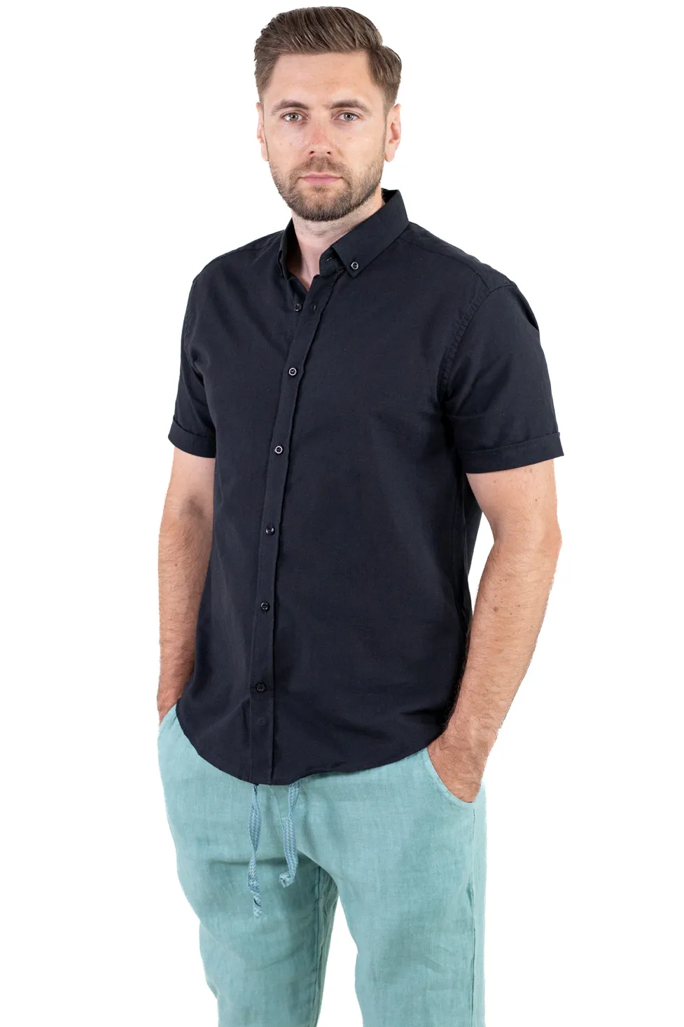 Cămașă bărbați neagră guler clasic – 100% bumbac, vară [4]