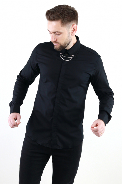 Camasa neagra slim fit cu accesoriu la guler [2]
