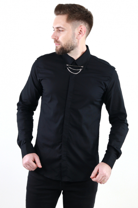 Camasa neagra slim fit cu accesoriu la guler [6]