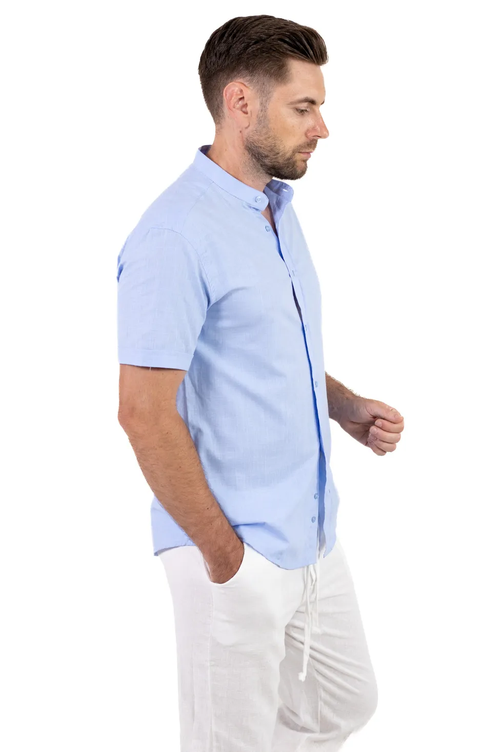 Cămașă bărbați albastru deschis guler tunică – 100% bumbac, vară [4]