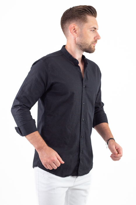 Camasa barbati din bumbac texturat cu aspect de in neagra [4]