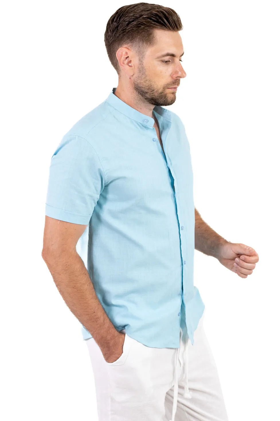 Cămașă bărbați Bleu aqua guler tunică – 100% bumbac, vară [5]