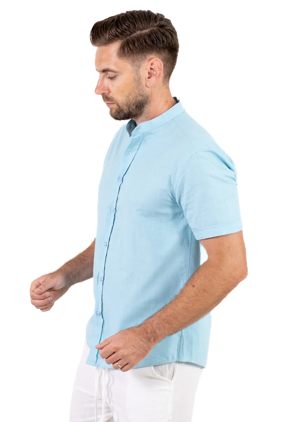 Cămașă bărbați Bleu aqua guler tunică – 100% bumbac, vară [6]