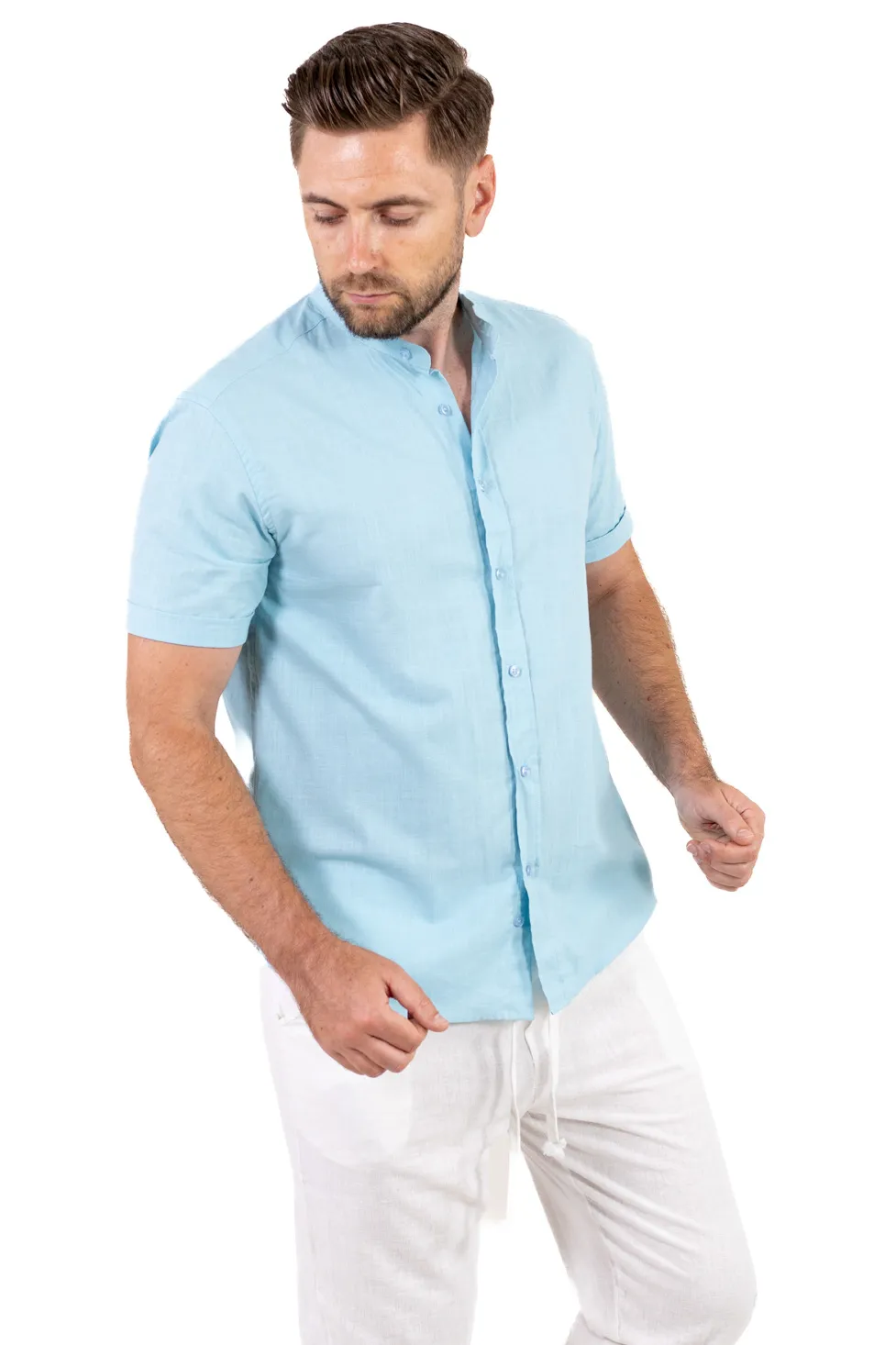 Cămașă bărbați Bleu aqua guler tunică – 100% bumbac, vară [3]