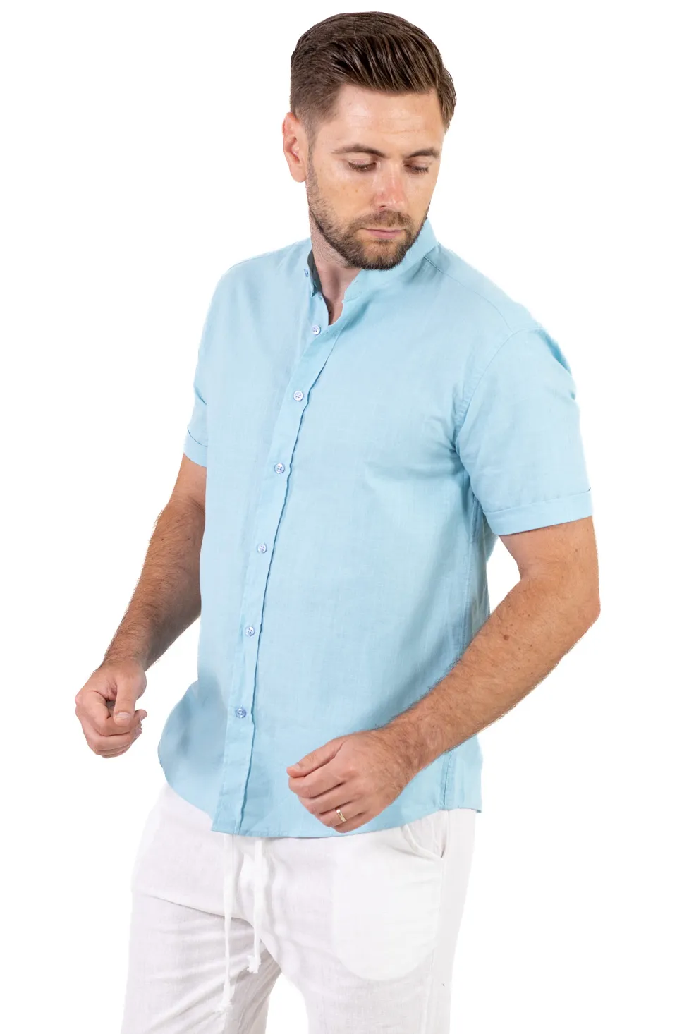 Cămașă bărbați Bleu aqua guler tunică – 100% bumbac, vară [4]