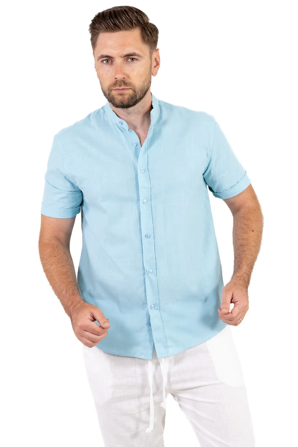 Cămașă bărbați Bleu aqua guler tunică – 100% bumbac, vară [2]