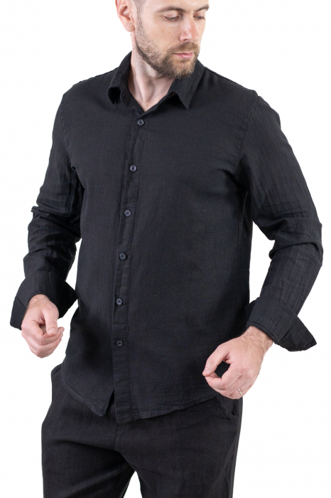 Cămașă neagră 100% din in cu guler clasic [5]