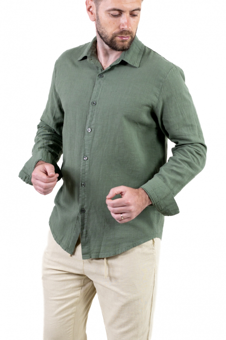 Cămașă verde militar 100% din in cu guler clasic [6]
