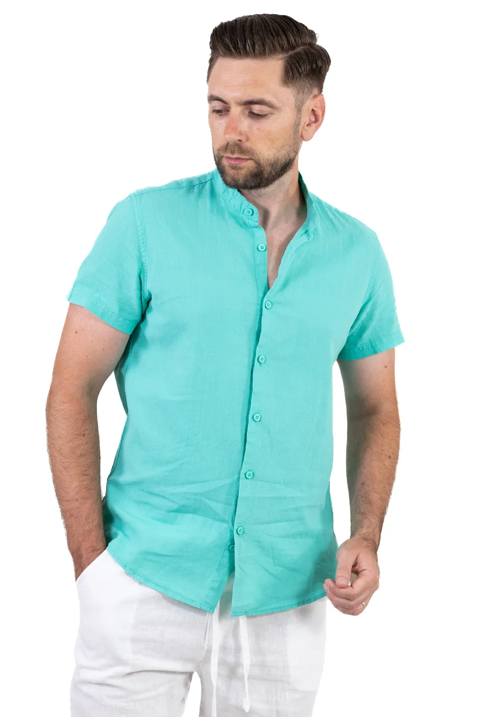 Cămașă bărbați verde aqua din in, guler tunică, mânecă scurtă [8]