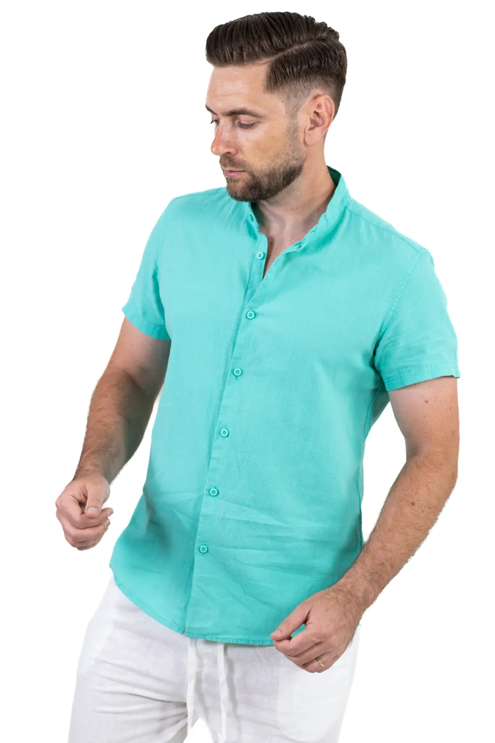 Cămașă bărbați verde aqua din in, guler tunică, mânecă scurtă [5]
