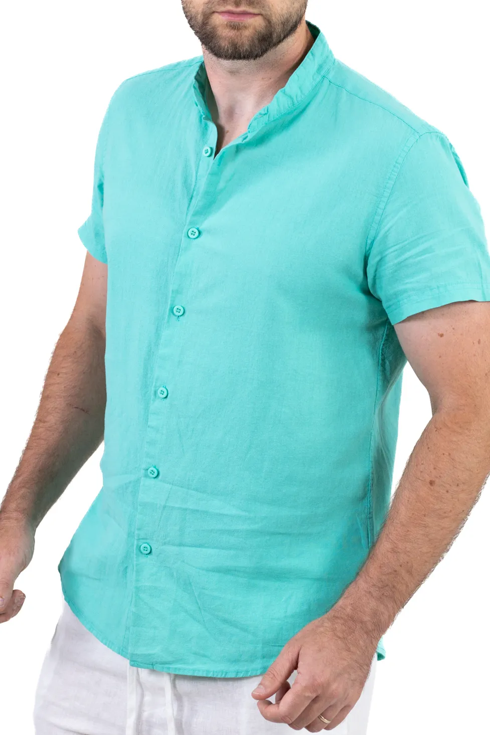 Cămașă bărbați verde aqua din in, guler tunică, mânecă scurtă [9]