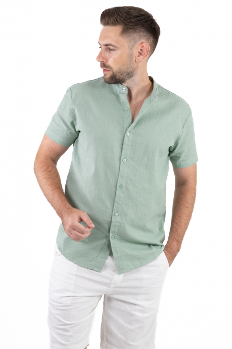 Camasa verde aqua din in cu maneca scurta si guler tunica [6]