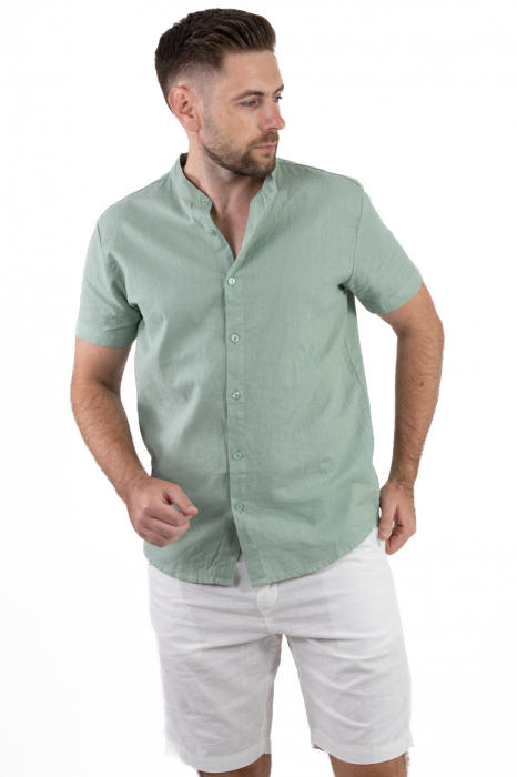 Camasa verde aqua din in cu maneca scurta si guler tunica [5]