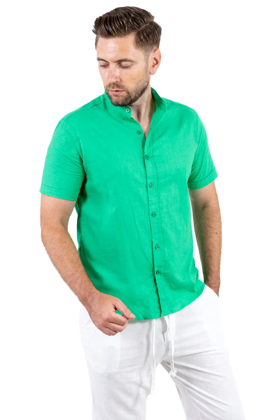 Cămașă bărbați verde guler tunică – 100% bumbac, vară [6]