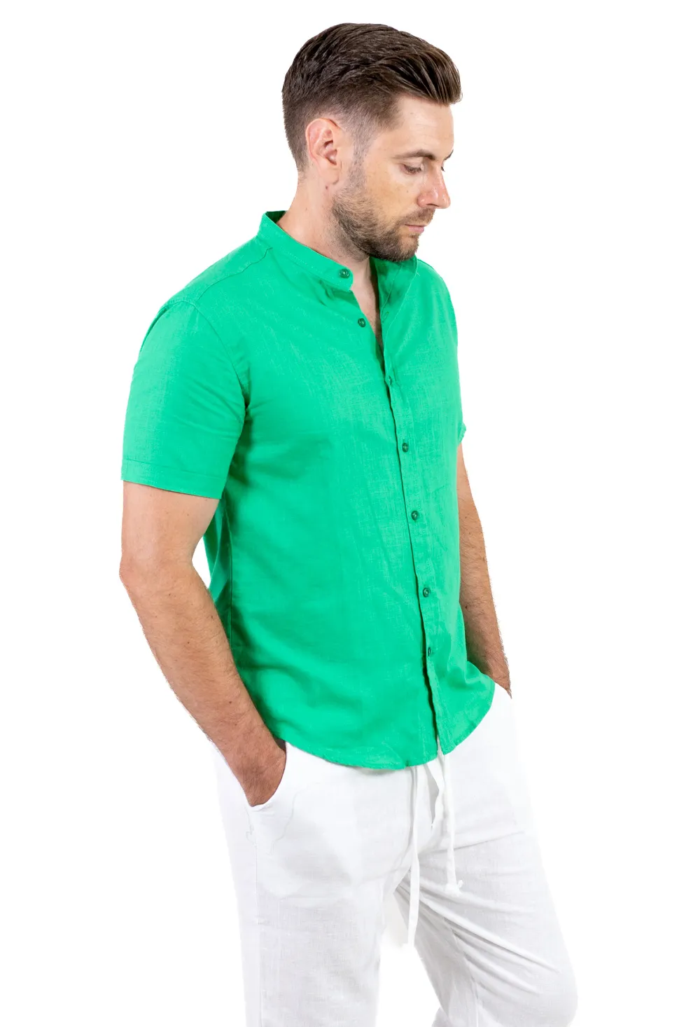 Cămașă bărbați verde guler tunică – 100% bumbac, vară [8]