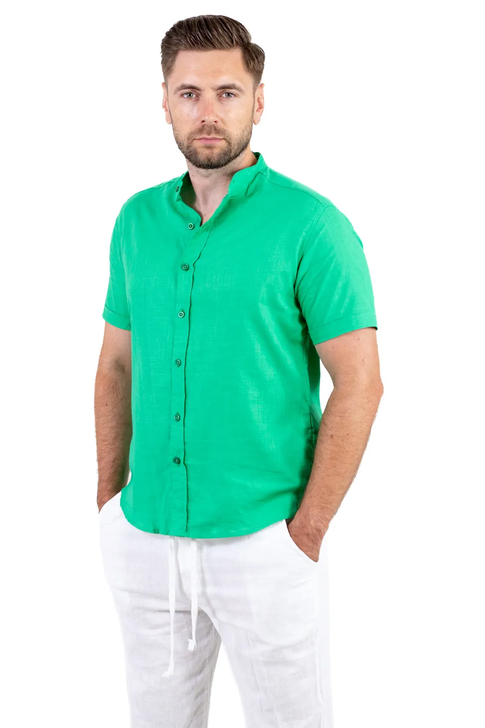 Cămașă bărbați verde guler tunică – 100% bumbac, vară [2]