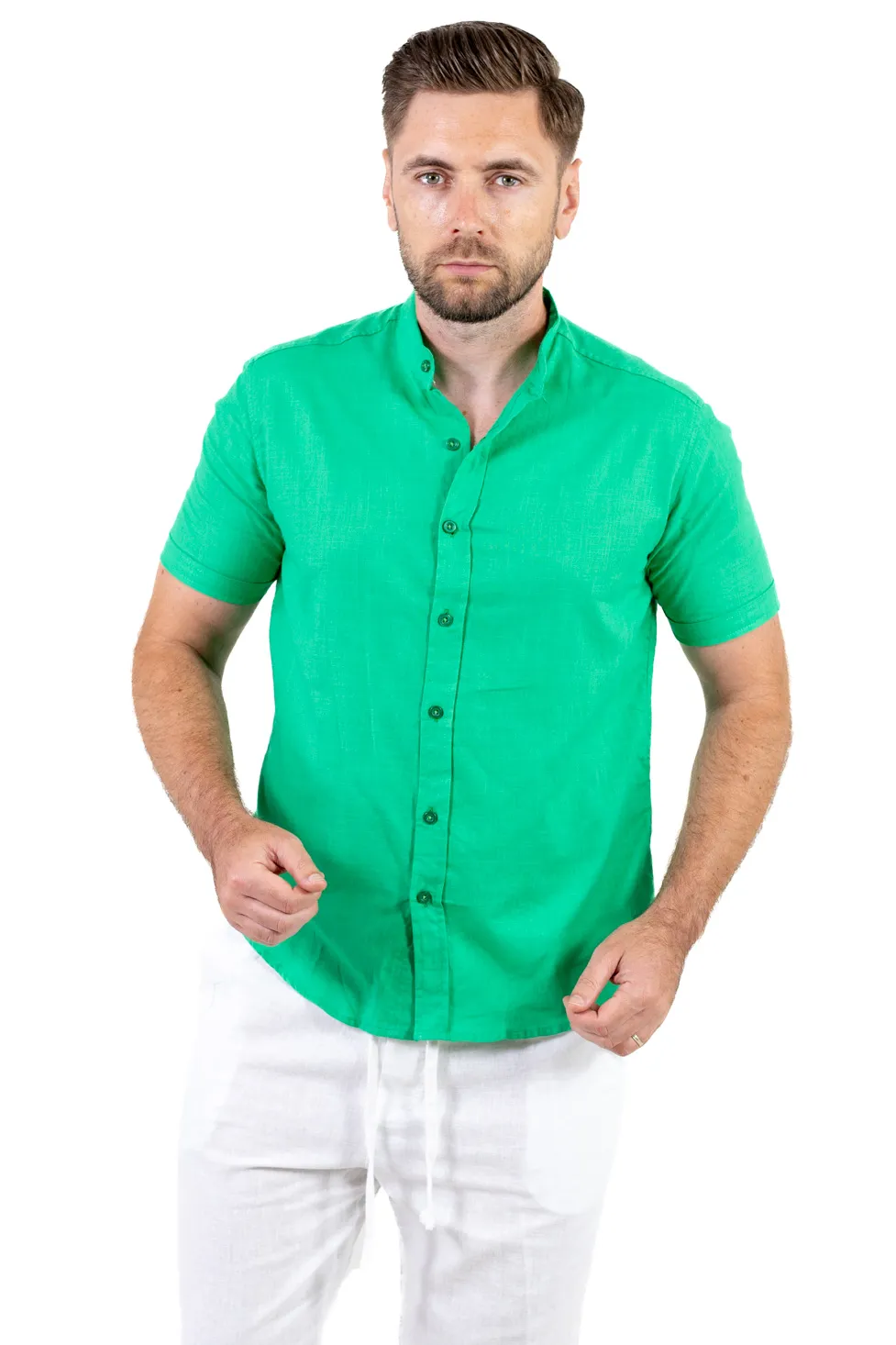 Cămașă bărbați verde guler tunică – 100% bumbac, vară [9]