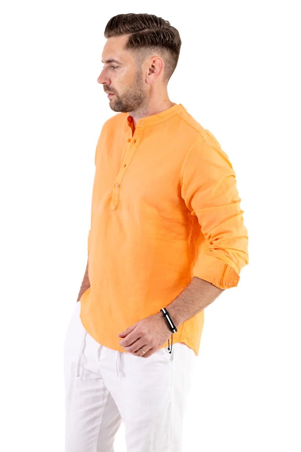Camasa orange din in cu patru nasturi [5]