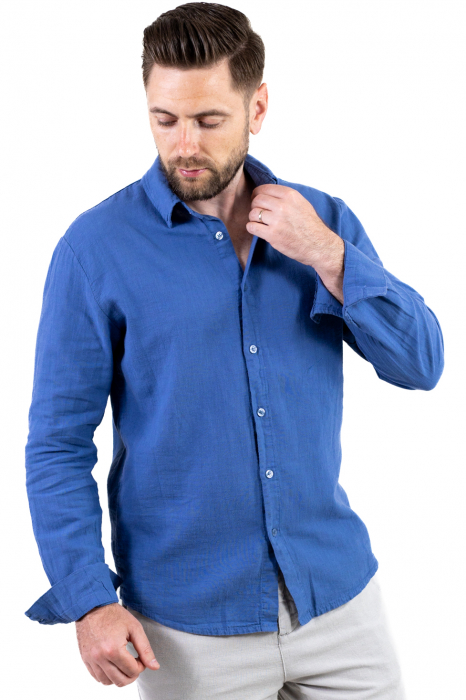 Cămașă albastru denim 100% din in cu guler clasic [2]