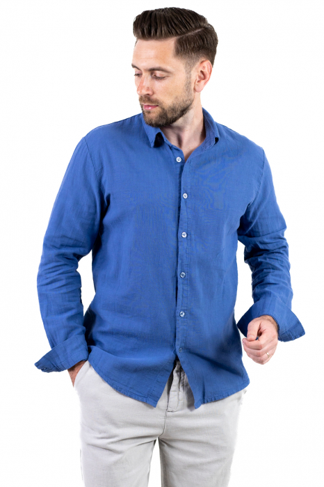 Cămașă albastru denim 100% din in cu guler clasic [8]
