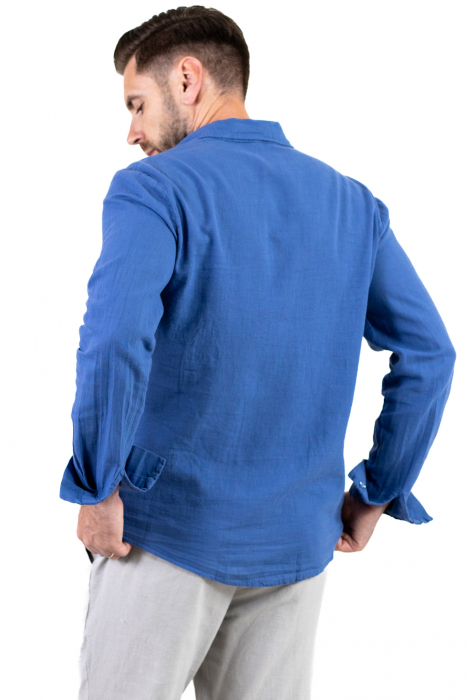 Cămașă albastru denim 100% din in cu guler clasic [6]