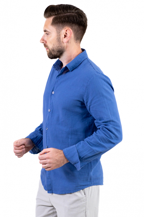 Cămașă albastru denim 100% din in cu guler clasic [7]