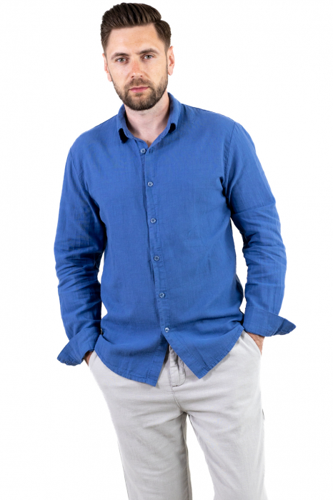 Cămașă albastru denim 100% din in cu guler clasic [3]