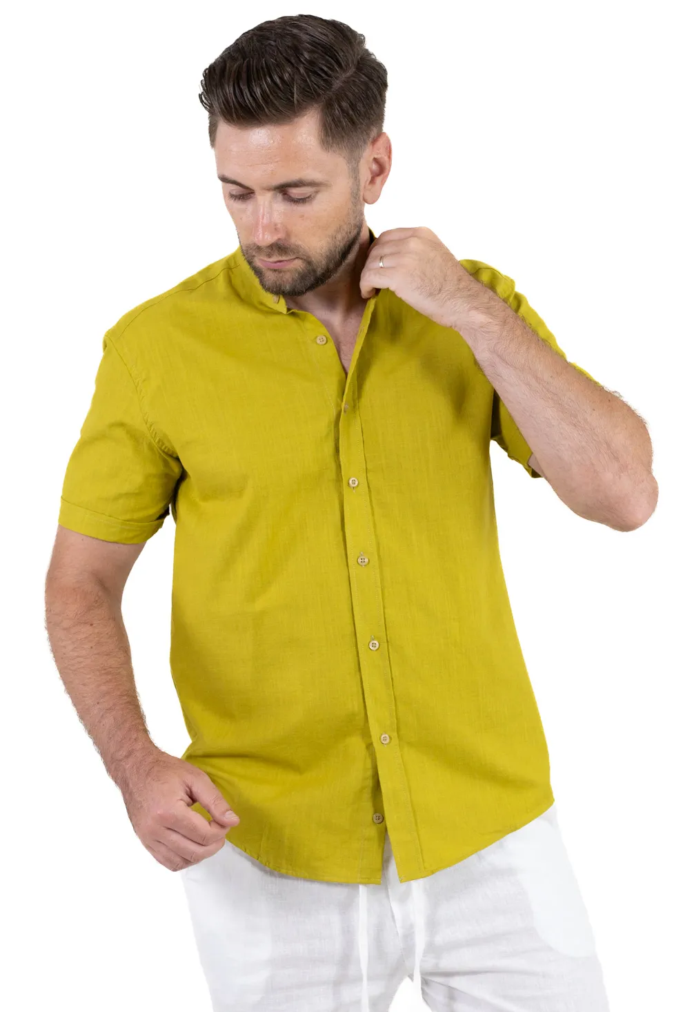 Cămașă bărbați galben mustar guler tunică – 100% bumbac, vară [3]