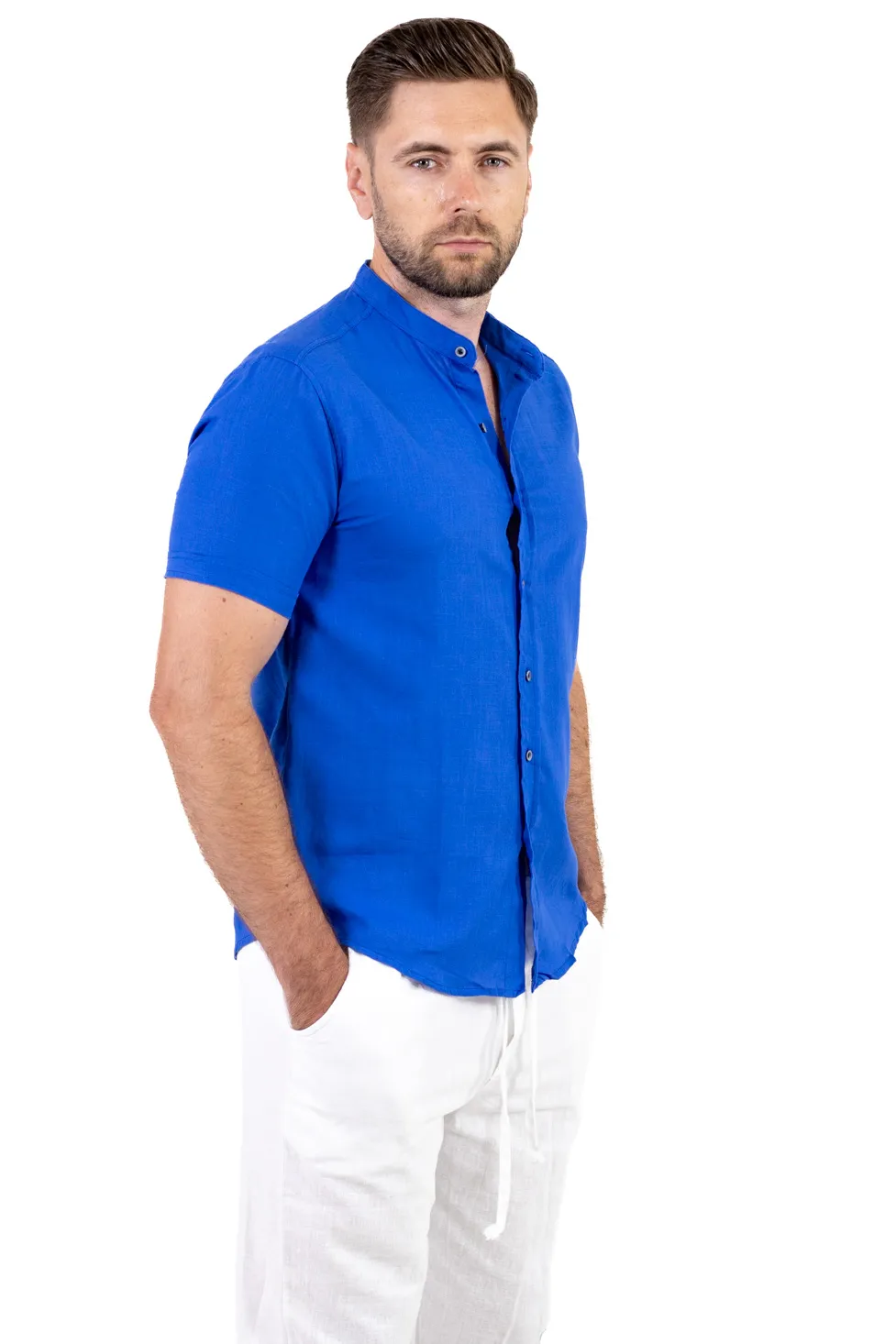 Cămașă bărbați albastra guler tunică – 100% bumbac, vară [3]