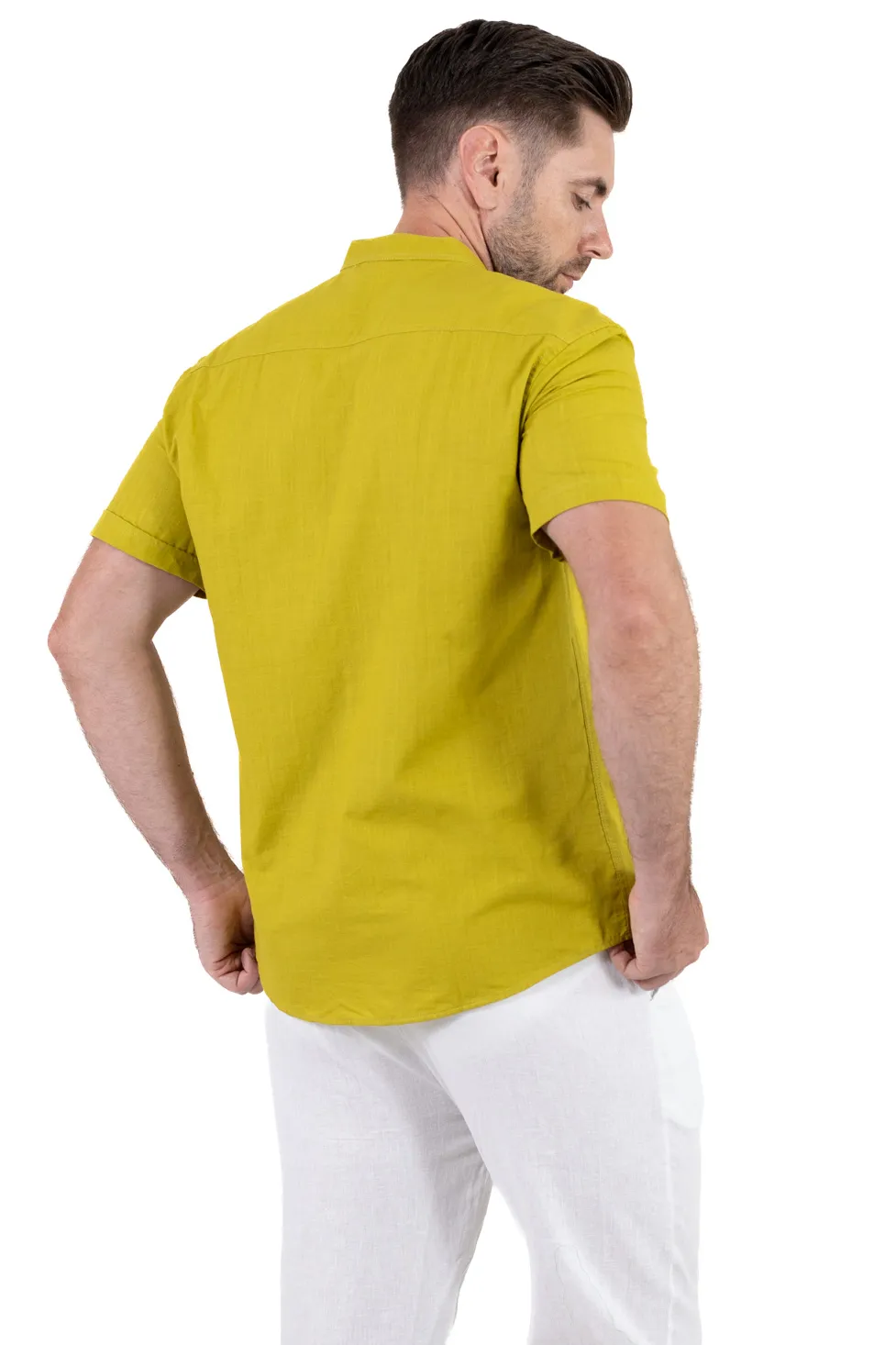 Cămașă bărbați galben mustar guler tunică – 100% bumbac, vară [7]