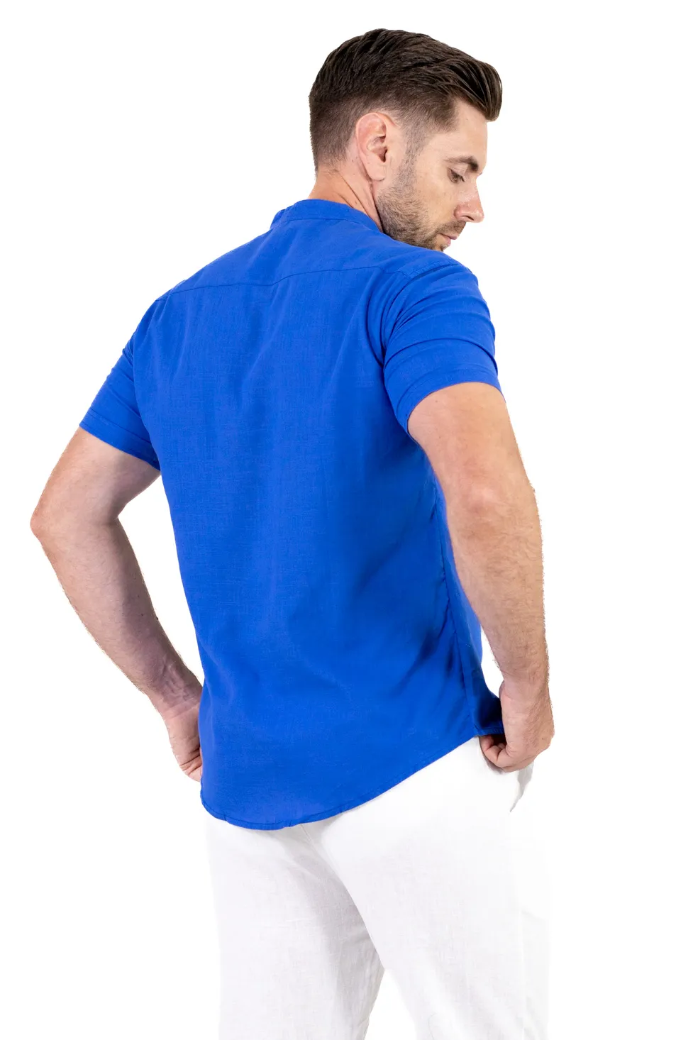 Cămașă bărbați albastra guler tunică – 100% bumbac, vară [7]