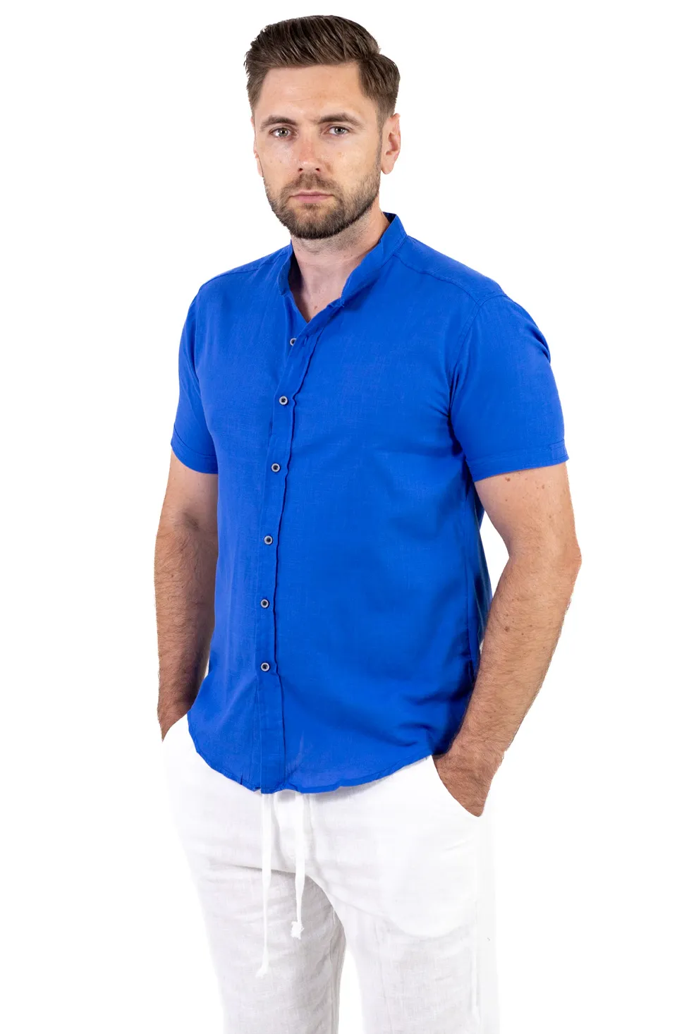 Cămașă bărbați albastra guler tunică – 100% bumbac, vară [2]