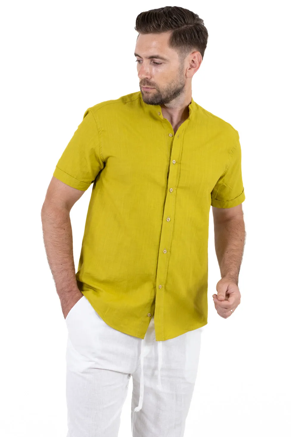Cămașă bărbați galben mustar guler tunică – 100% bumbac, vară [2]