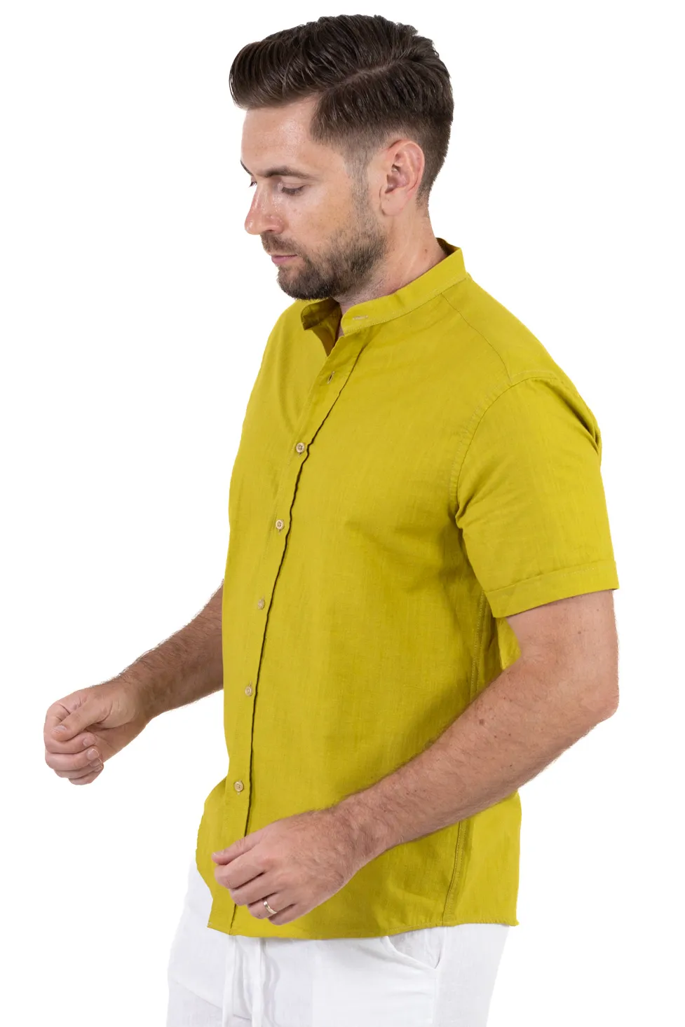 Cămașă bărbați galben mustar guler tunică – 100% bumbac, vară [6]