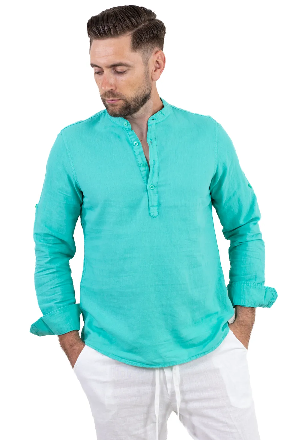 Camasa verde aqua din in cu patru nasturi [5]