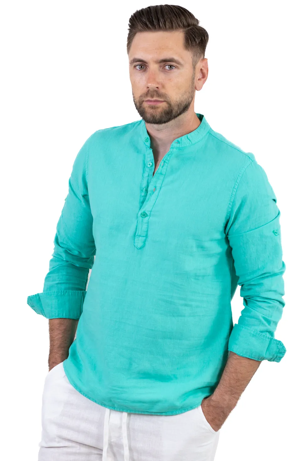 Camasa verde aqua din in cu patru nasturi [3]