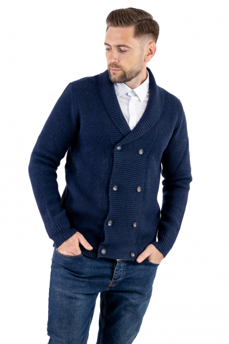 Cardigan din tricot bleumarin pentru bărbați cu 8 nasturi și guler cu rever [2]