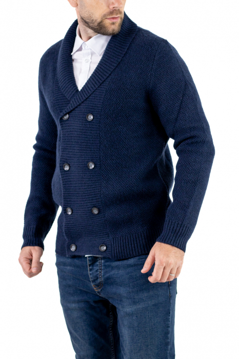 Cardigan din tricot bleumarin pentru bărbați cu 8 nasturi și guler cu rever [8]