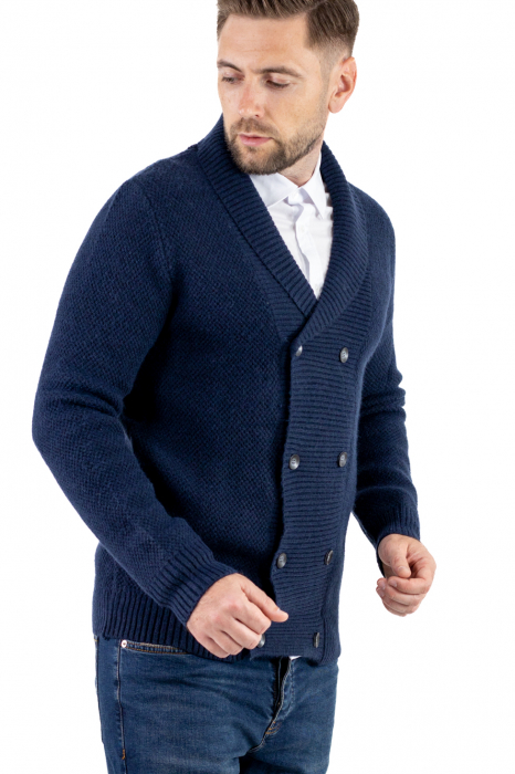 Cardigan din tricot bleumarin pentru bărbați cu 8 nasturi și guler cu rever [7]