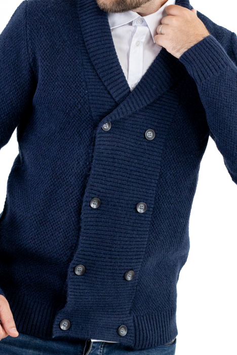 Cardigan din tricot bleumarin pentru bărbați cu 8 nasturi și guler cu rever [3]