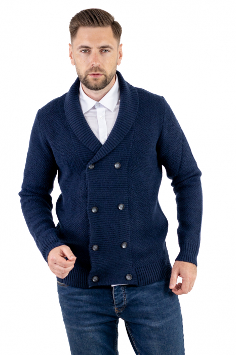 Cardigan din tricot bleumarin pentru bărbați cu 8 nasturi și guler cu rever [6]