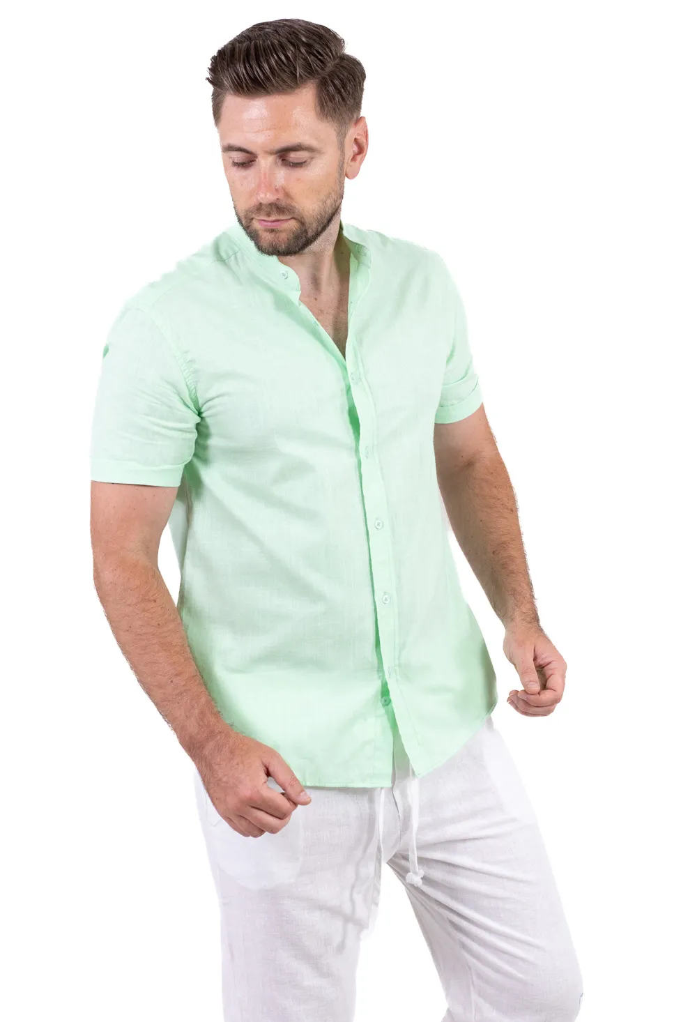 Cămașă bărbați verde aqua guler tunică – 100% bumbac, vară [2]