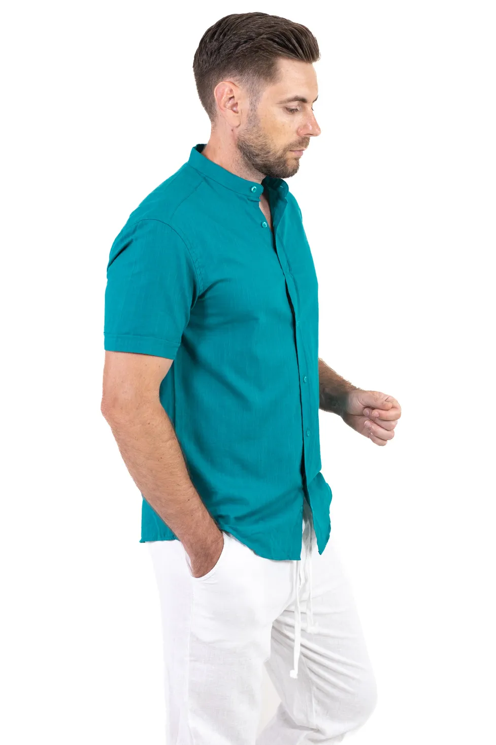 Cămașă bărbați verde petrol guler tunică – 100% bumbac, vară [6]