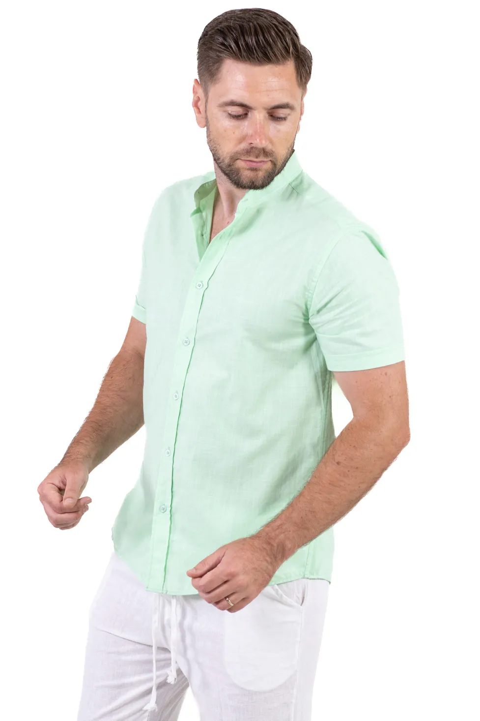 Cămașă bărbați verde aqua guler tunică – 100% bumbac, vară [4]