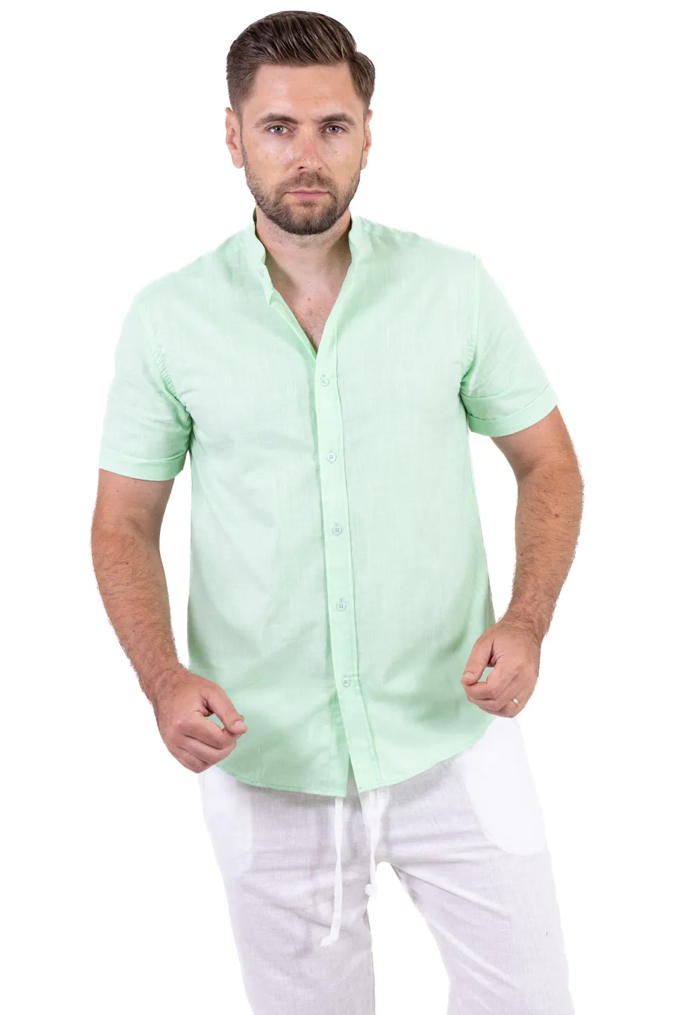 Cămașă bărbați verde aqua guler tunică – 100% bumbac, vară [5]