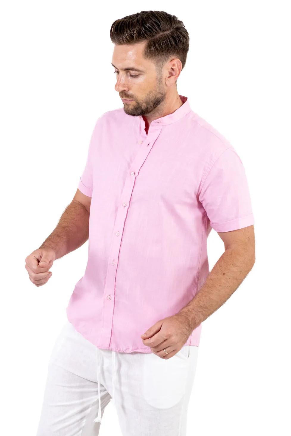 Cămașă bărbați roz guler tunică – 100% bumbac, vară [2]