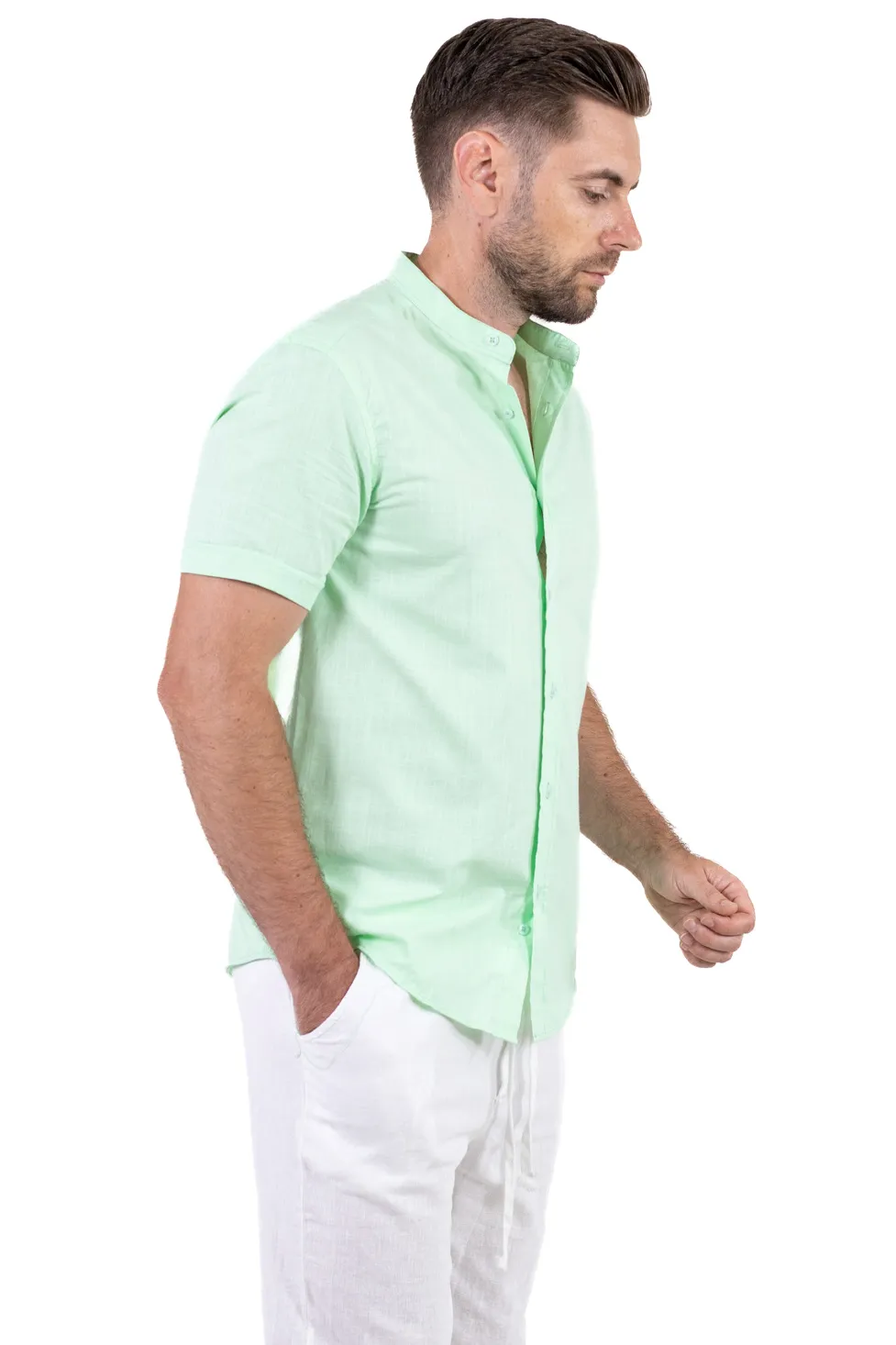 Cămașă bărbați verde aqua guler tunică – 100% bumbac, vară [7]